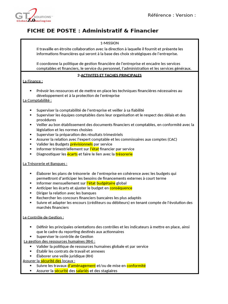 Fiche de Poste : Administratif & Financier | PDF | Comptabilité ...