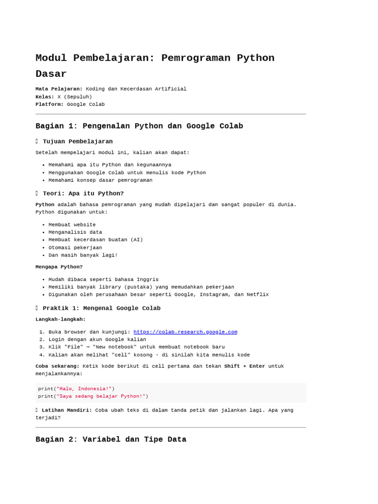 Modul Pembelajaran - Pemrograman Python Dasar | PDF