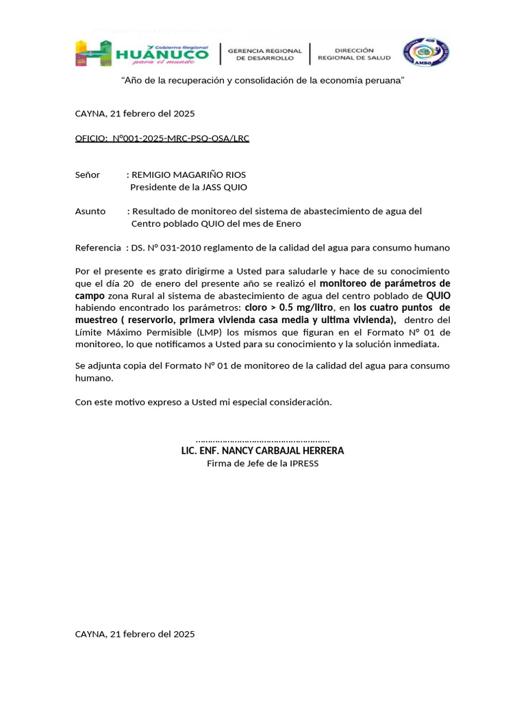 Oficio de Notificacion para Las Jass Quio | PDF | Agua | Agua dulce