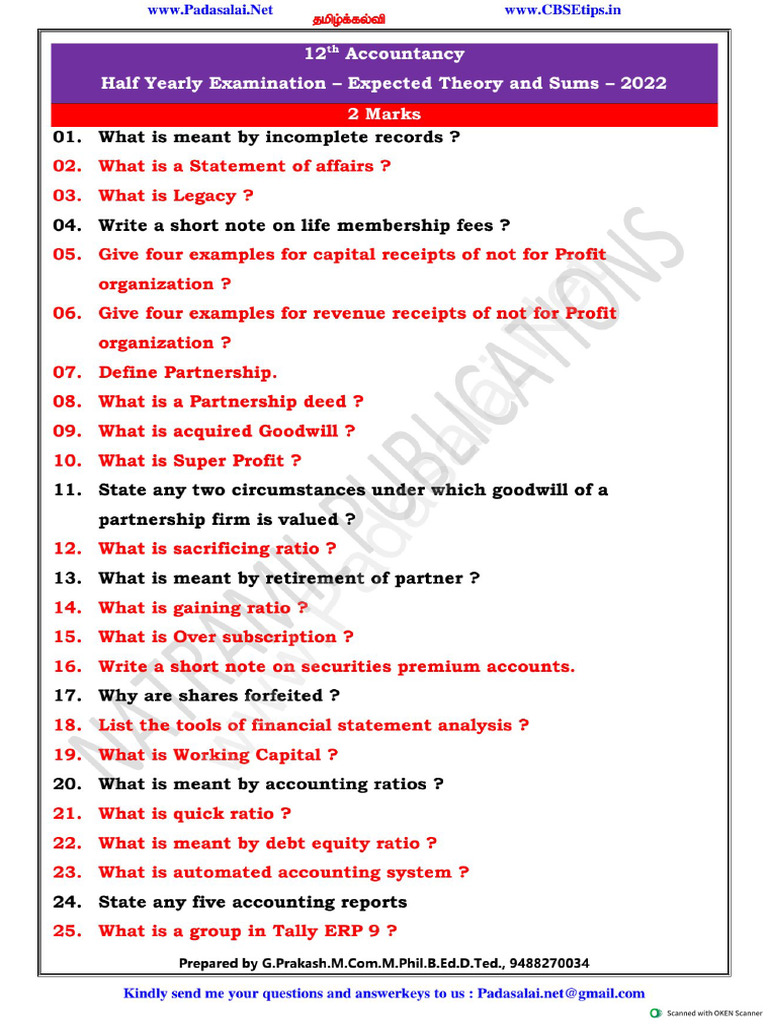 12th Accountancy EM Important Questions To Half Yearly Exam Englishl ...