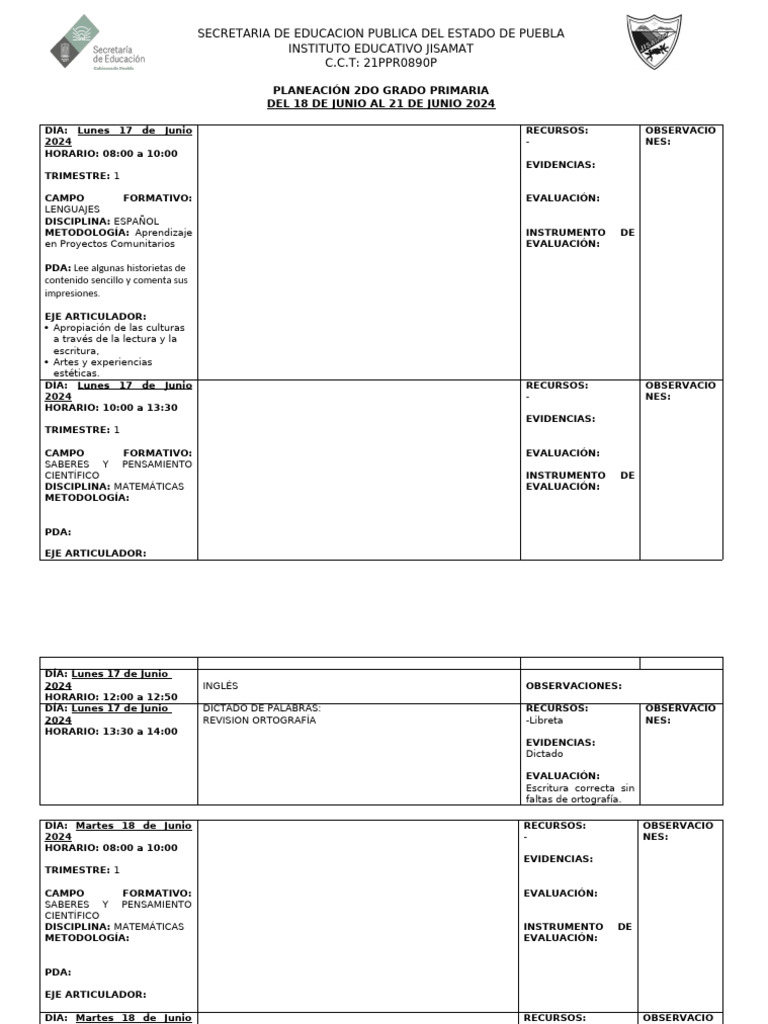 Planeación Educativa 2° Grado Primaria | PDF | Cognición | Aprendizaje