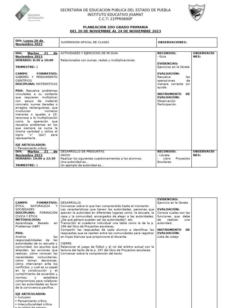 Planeación Semanal 2° Grado Primaria | PDF | Pensamiento | Empatía