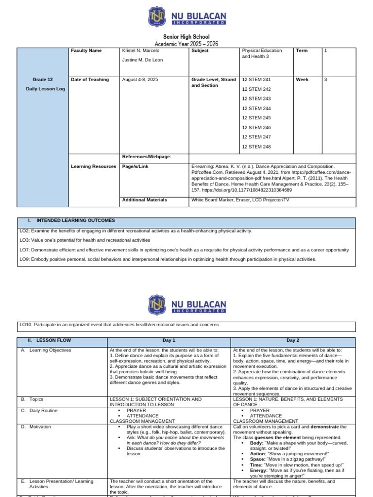 Pe3 DLL Week 3 - August 4-8 | PDF | Dances | Classroom Management