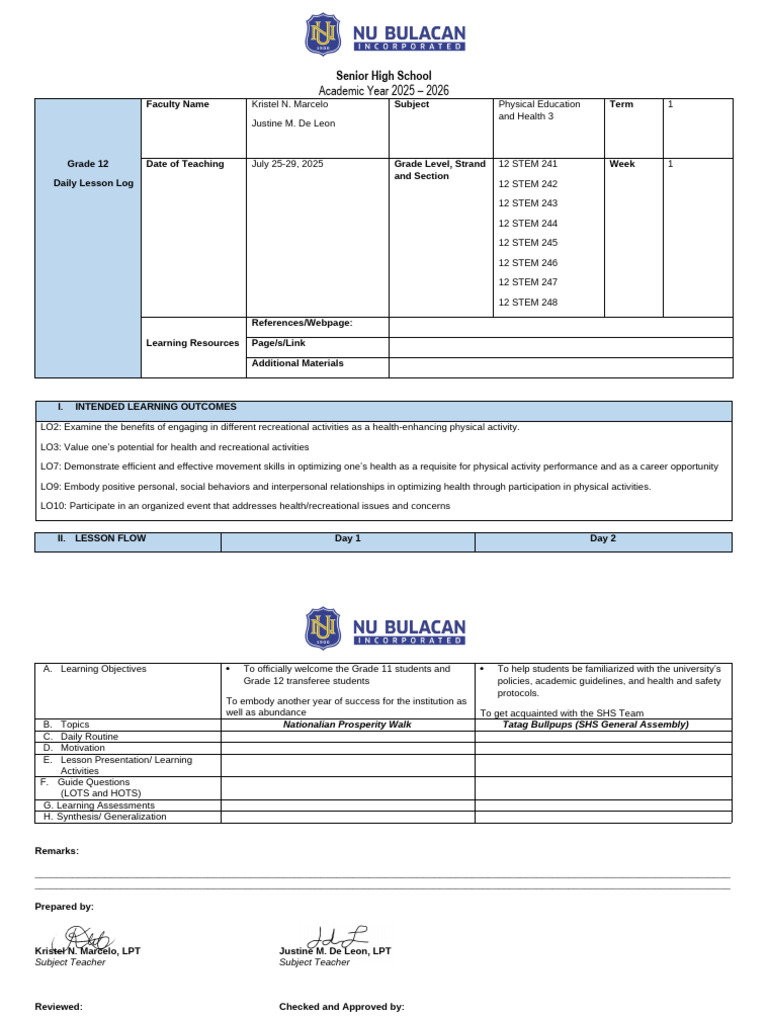 Grade 12 PE Daily Lesson Log 2025-2026 | PDF | Science, Technology ...