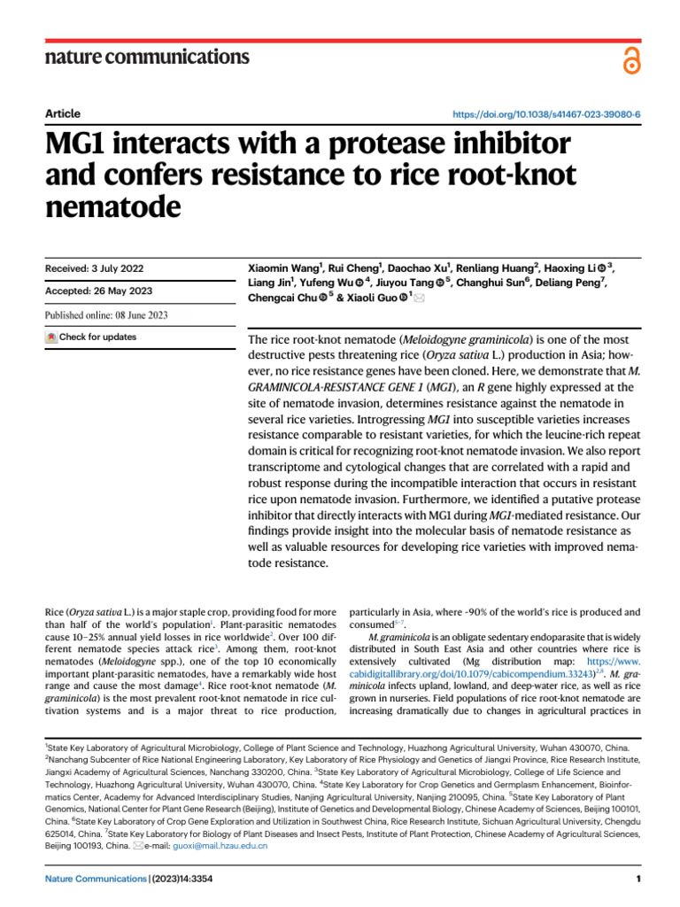 MG1 Interacts With A Protease Inhibitor and Confers Resistance To Rice ...