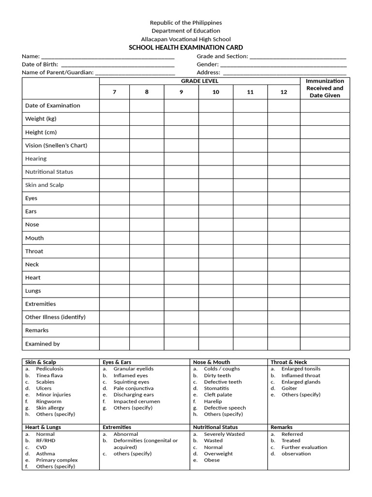 School Health Examination Card Template | PDF | Medical Specialties ...
