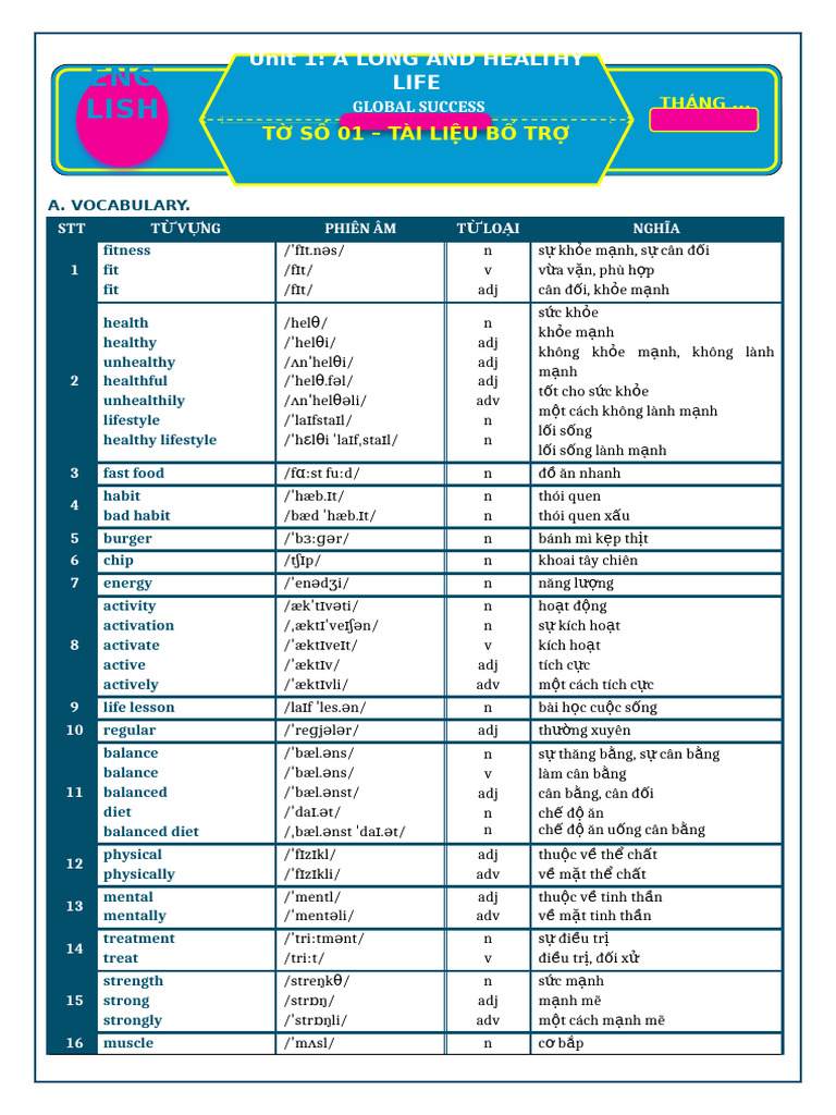 Tờ Số 01 Unit 1 A Long and Healthy Life | PDF