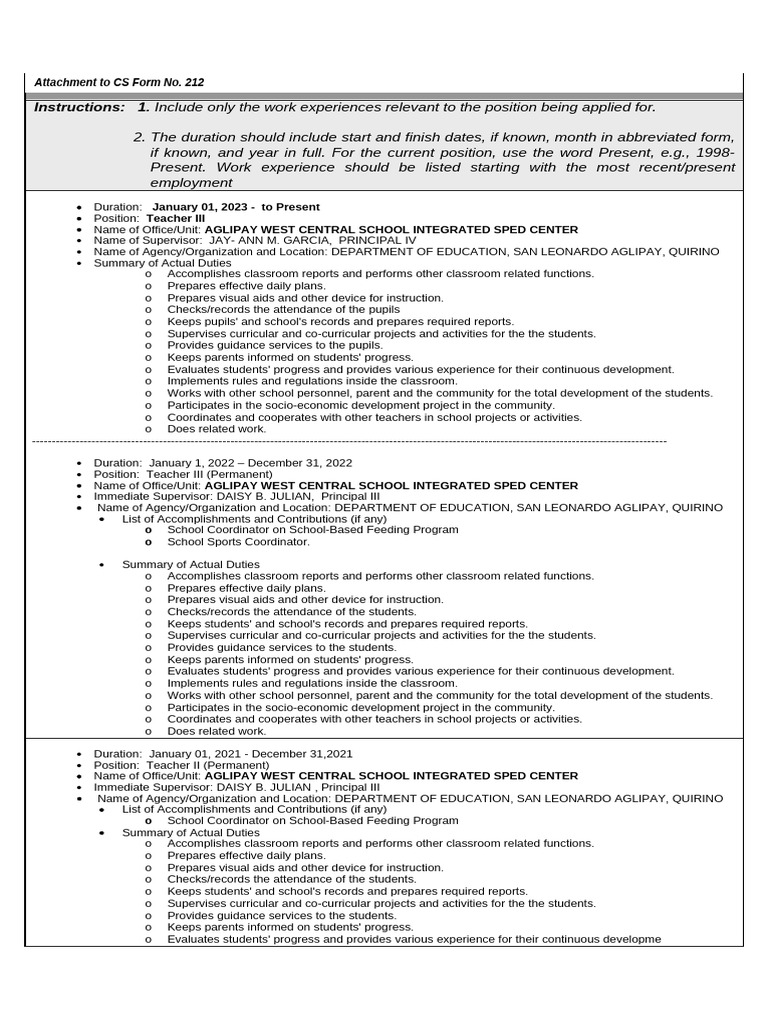 Work Experience for Teacher Position | PDF | Teachers | Learning