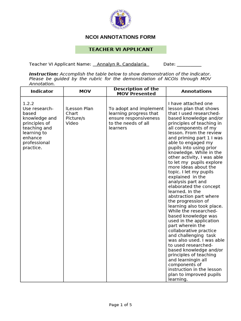 Teacher VI NCOI Annotations Form | PDF | Lesson Plan | Cognitive Science