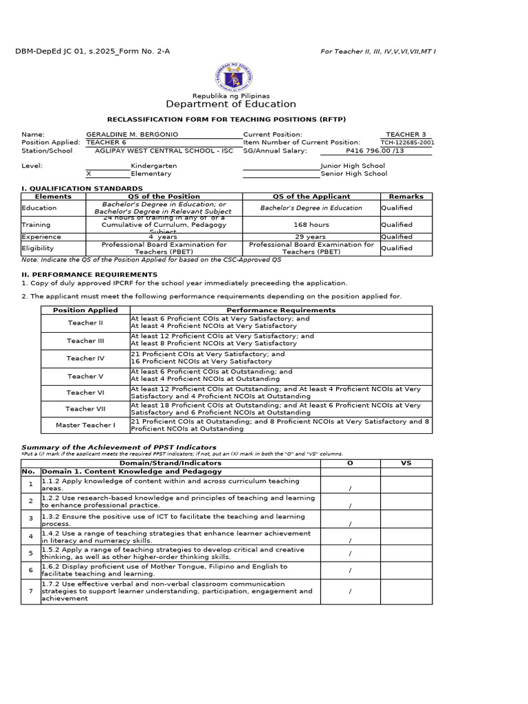 Teacher Reclassification Form 2025 | PDF | Educational Assessment ...