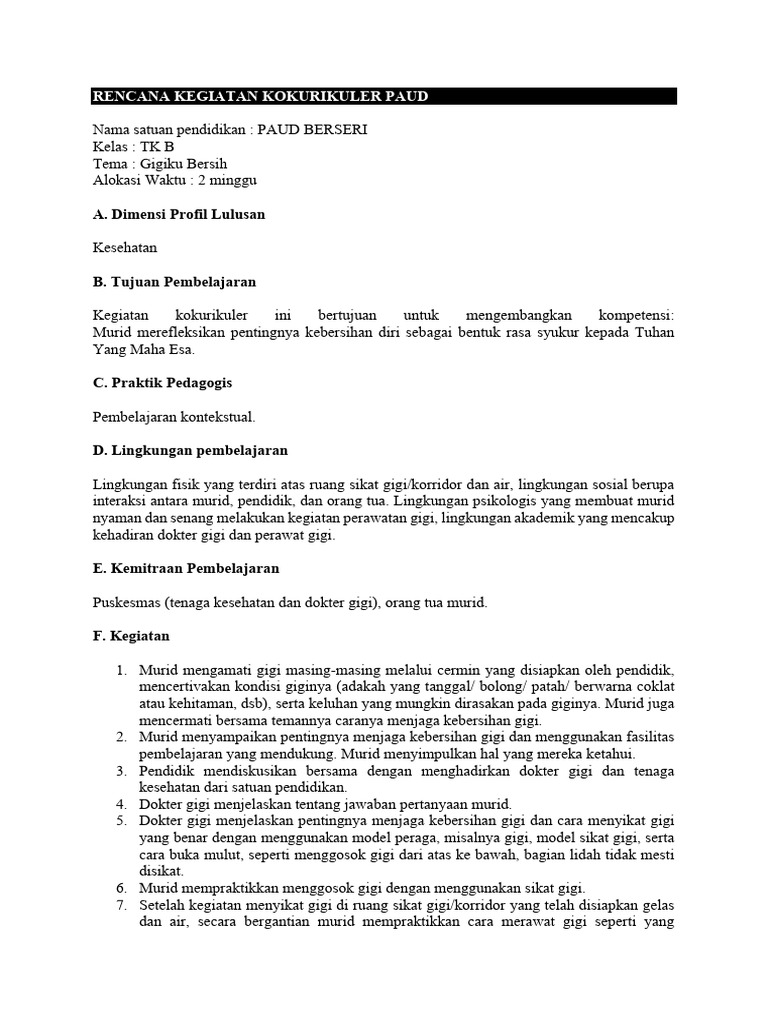 Contoh RPM Kokurikuler PAUD | PDF