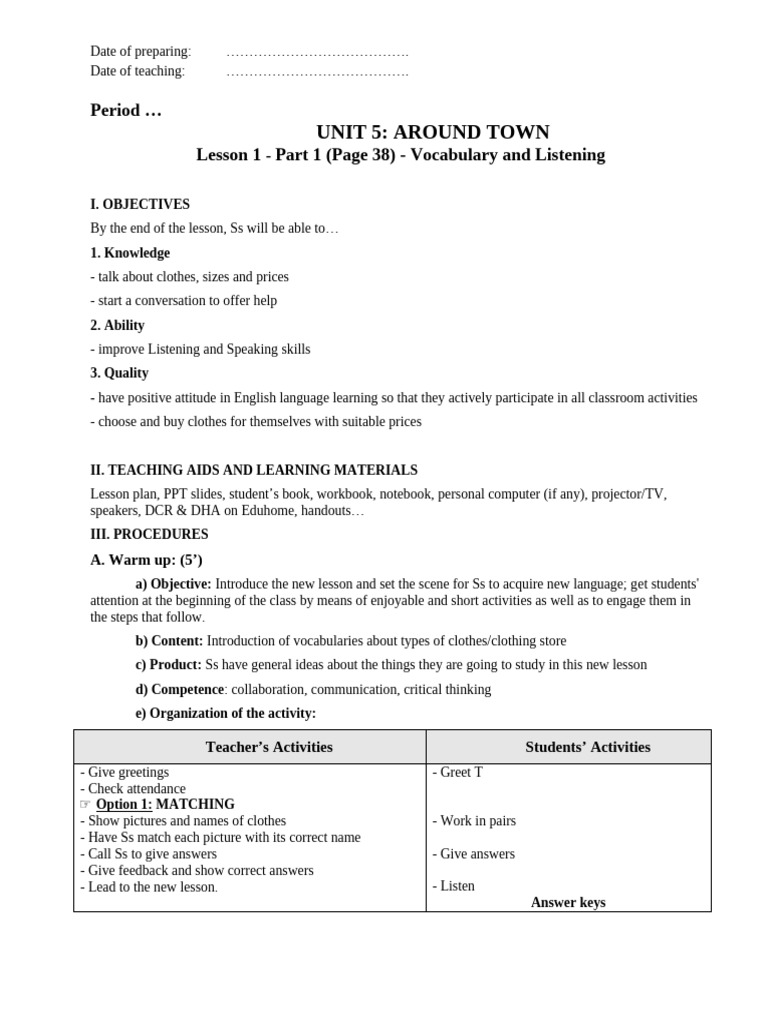 UNIT 5 - LESSON 1 - PART 1 - Vocabulary and Listening | PDF ...
