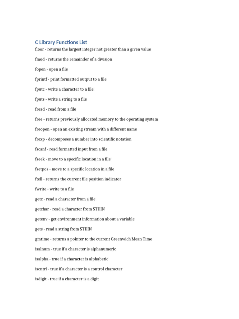 C Library Functions Overview | PDF | String (Computer Science ...