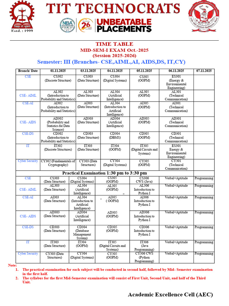 Mid-Semester Exam Timetable 2025 | PDF | Computer Programming | Computing