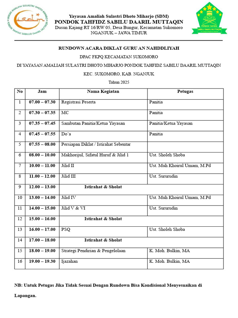 Rundown Diklat Guru An Nahdliyah 2025 | PDF