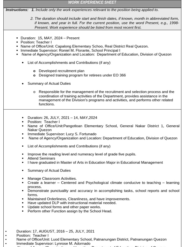 Work Experience Sheet for Educators | PDF | Teachers | Cognition