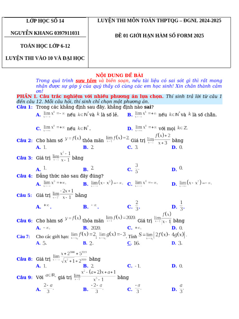 De 01 Gioi Han Ham So Form 2025 | PDF