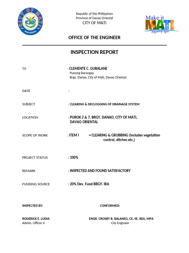 Drainage System Inspection Report - Mati | PDF