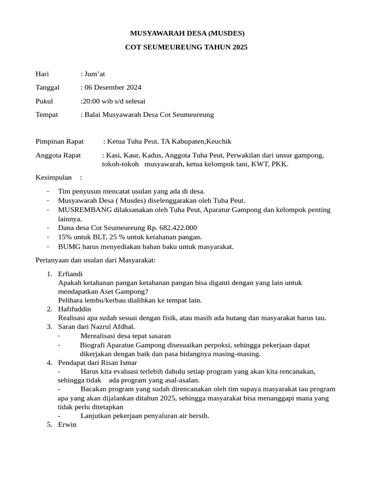 Notulen Musdes Cot Seumeureung 2024 | PDF