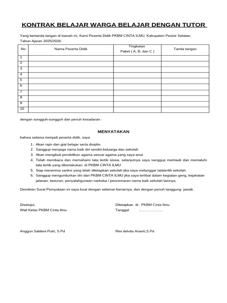 Kontrak Belajar PKBM Cinta Ilmu 2025/2026 | PDF