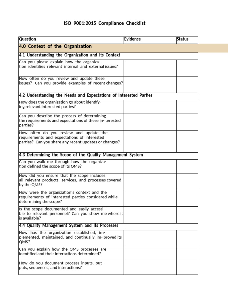 ISO 9001:2015 Compliance Checklist | PDF | Quality Management System | Risk