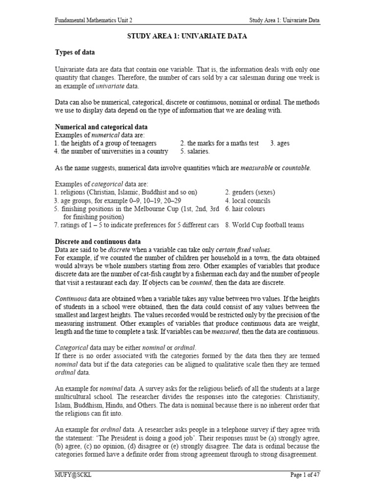 SA1 Univariate Data Notes 2023 251103 213658 | PDF | Categorical ...