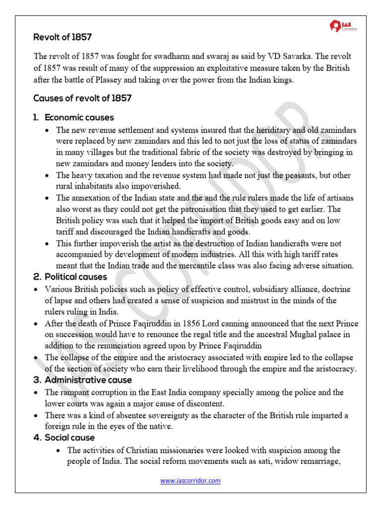 Causes and Events of the 1857 Revolt | PDF | British Raj | Indian ...