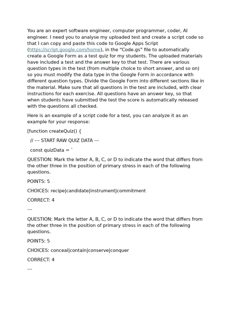 Google Form Quiz Script Creation | PDF | Computing | Software Engineering