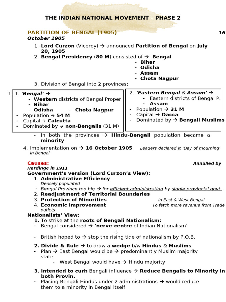 Indian National Movement: Bengal Partition | PDF | Bengal | British India