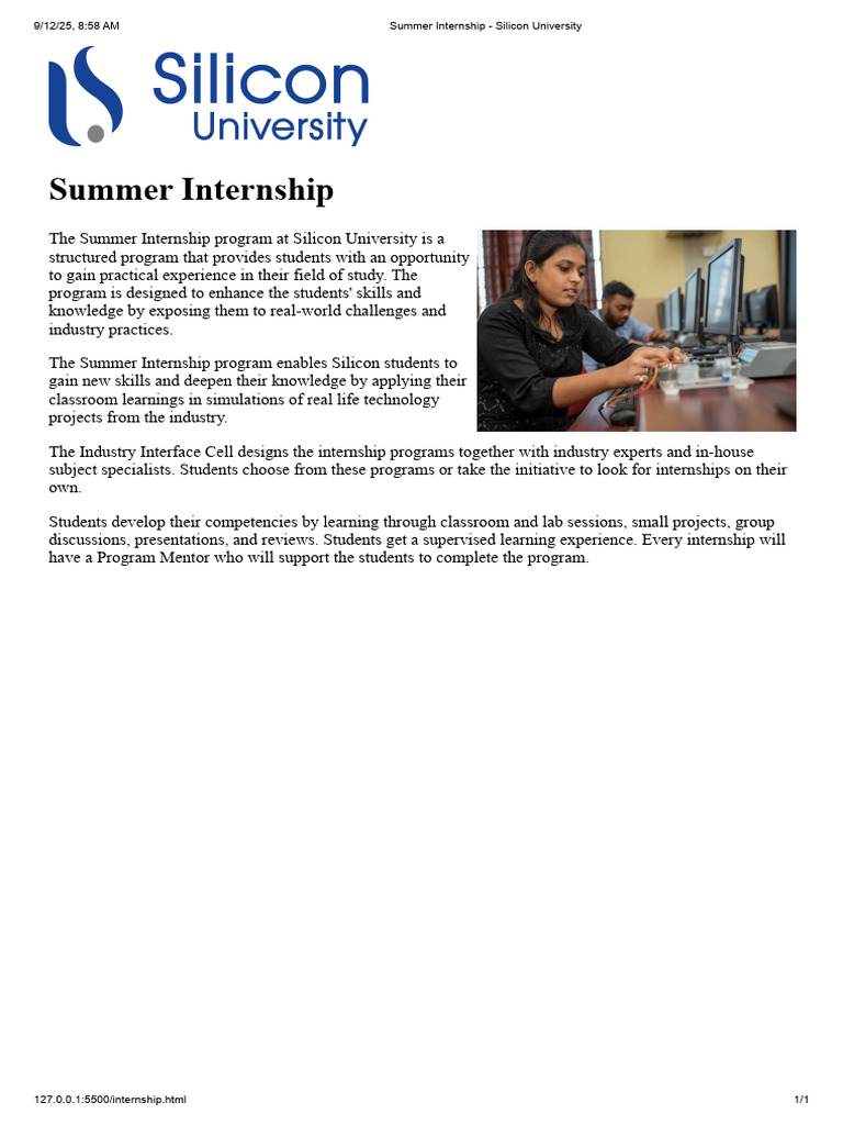 Silicon University Summer Internship Program | PDF