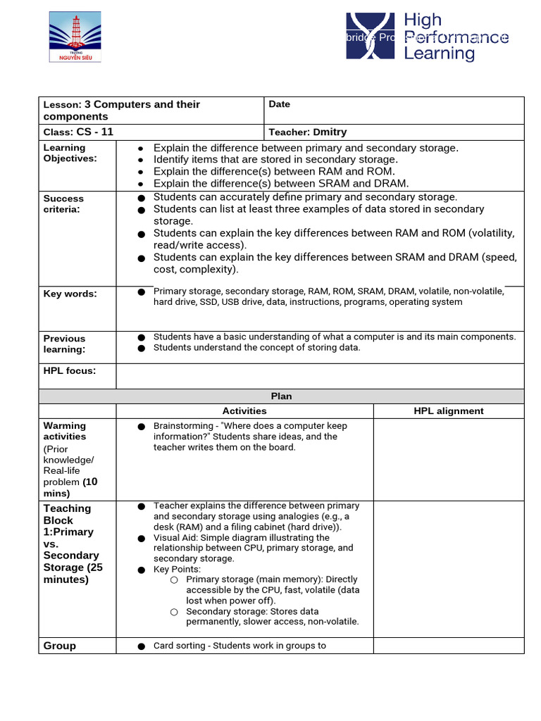 AS11 - 3.1 (1) - Computers and Their Components - HPL Lesson Plan | PDF ...
