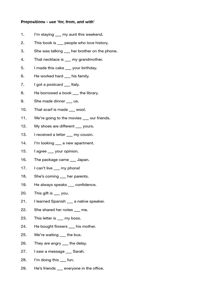 Prepositions: Using 'for', 'from', 'with' | PDF
