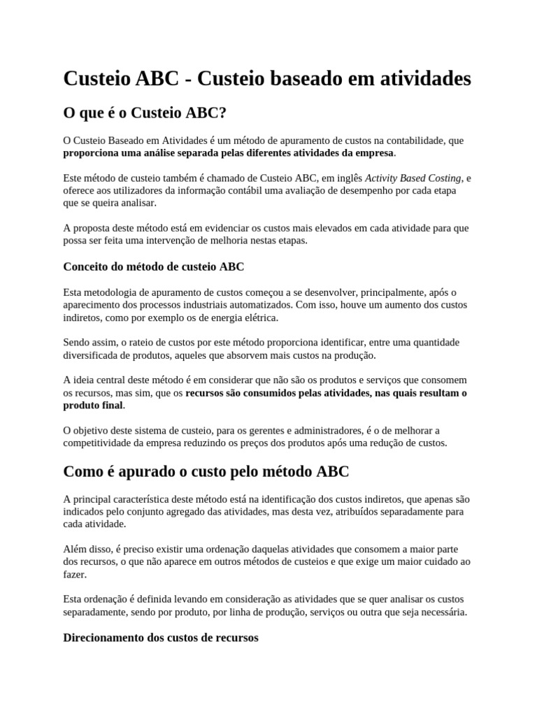 Custeio ABC: Análise de Custos por Atividades | PDF | Despesa ...