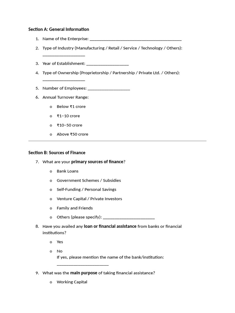 MSME Financing Survey Questionnaire | PDF | Loans | Interest