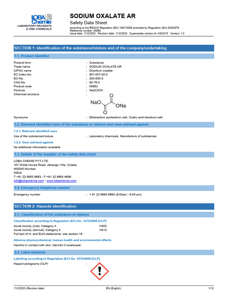 Sodium Oxalate Safety Data Sheet | PDF | Dangerous Goods | Toxicity