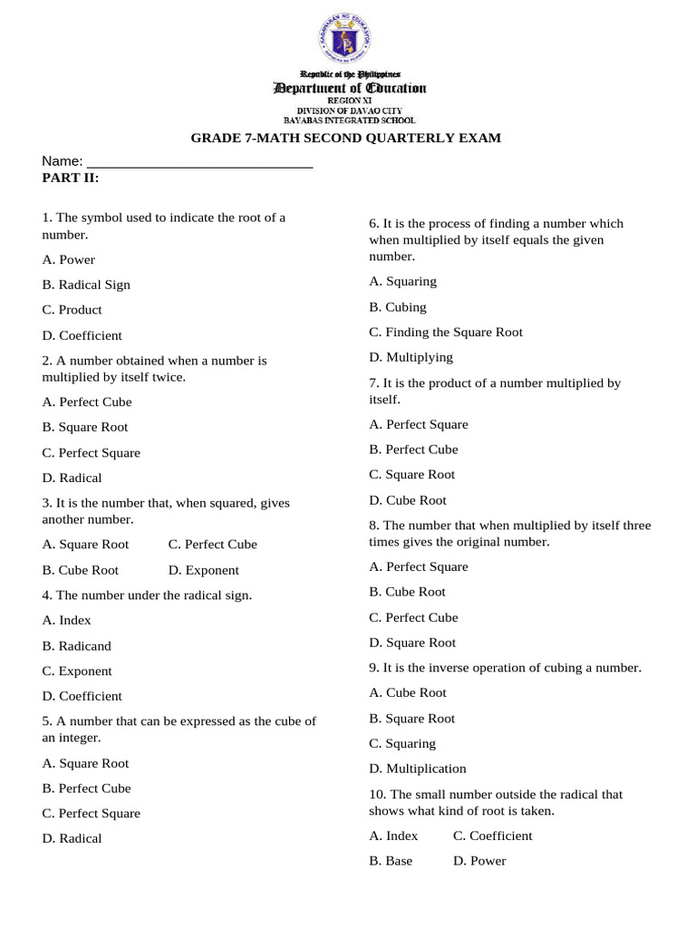 Math Exam: Roots and Sets Concepts | PDF | Numbers | Multiplication