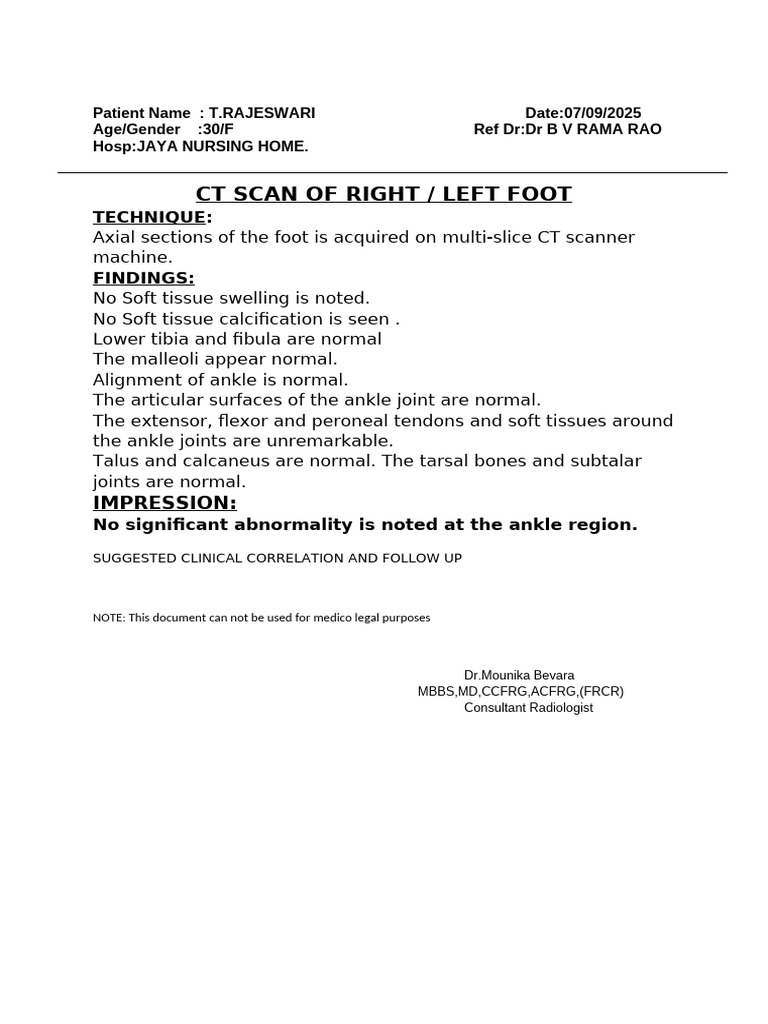 CT Scan Report: Normal Ankle Findings | PDF