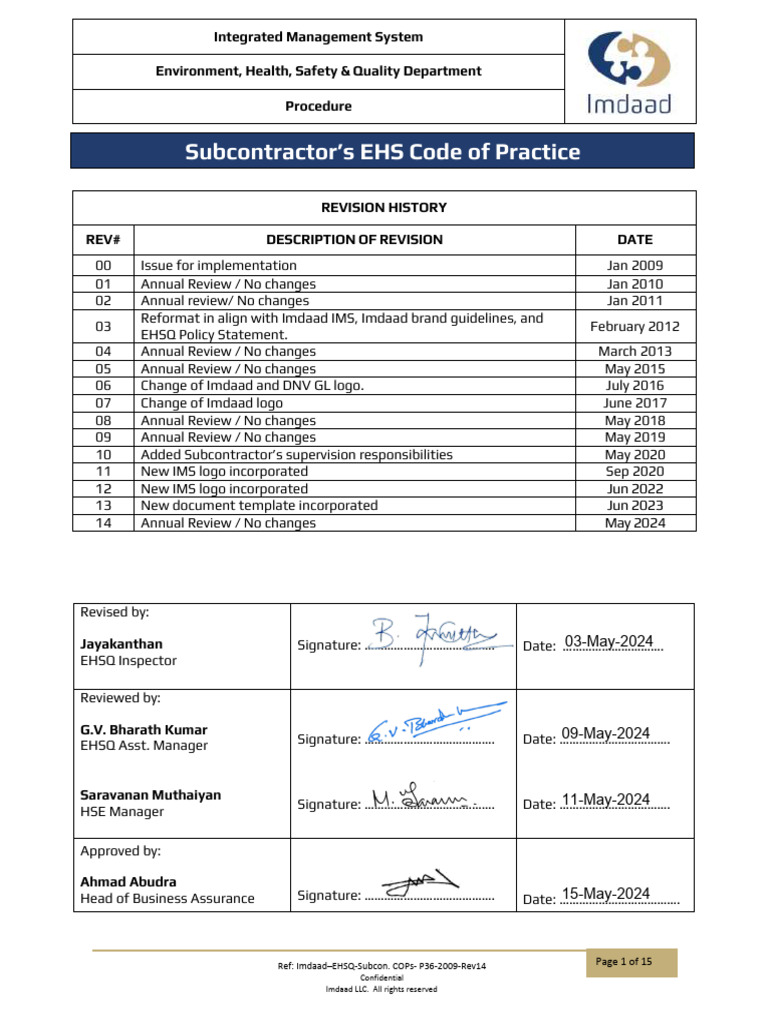 Subcontractor EHS Code of Practice | PDF | Occupational Safety And ...