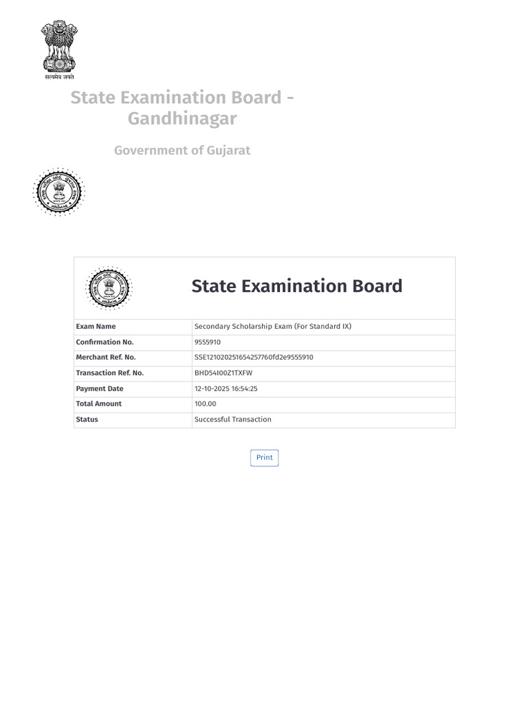 State Examination Board - Gandhinagar Print Receipt | PDF