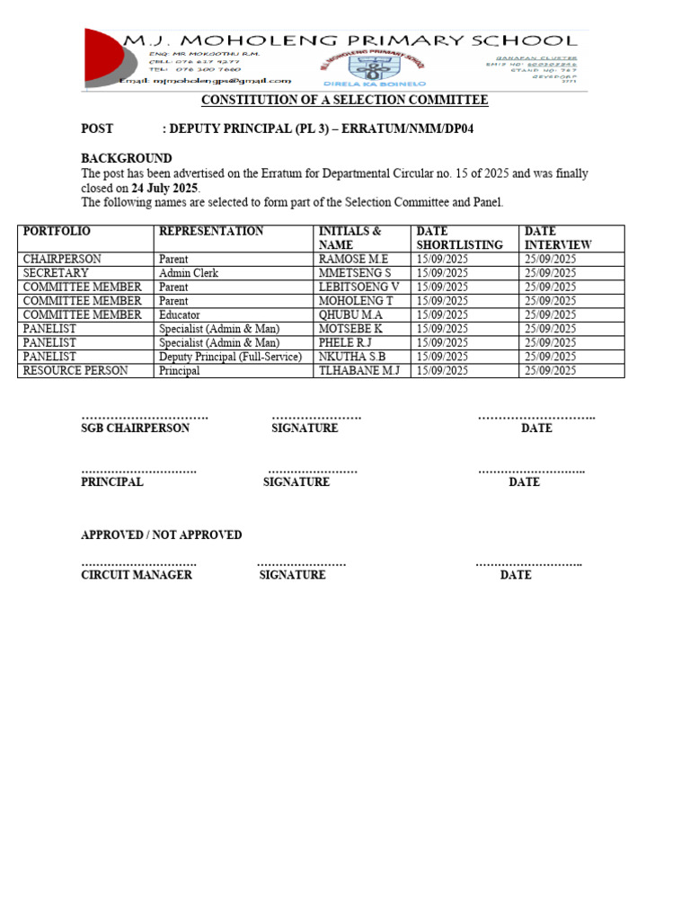 Selection Committee for Deputy Principal | PDF