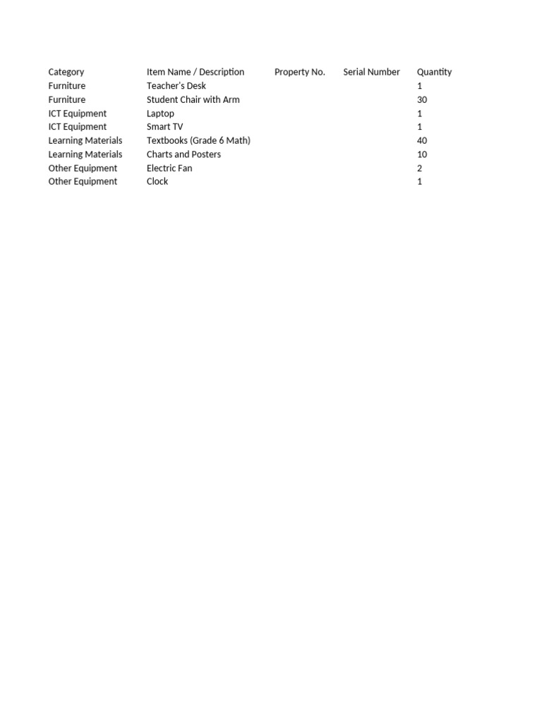 School Inventory List of Equipment | PDF