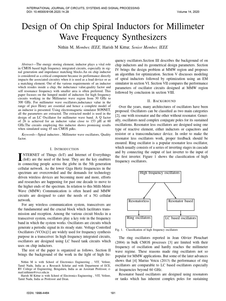 Design of Onchip Spiral Inductors For MM Wave Freq. Synthesizers | PDF ...