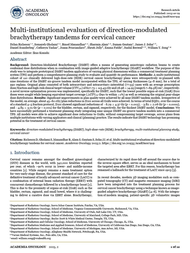 Direction-Modulated Brachytherapy for Cervical Cancer | PDF | Radiation ...