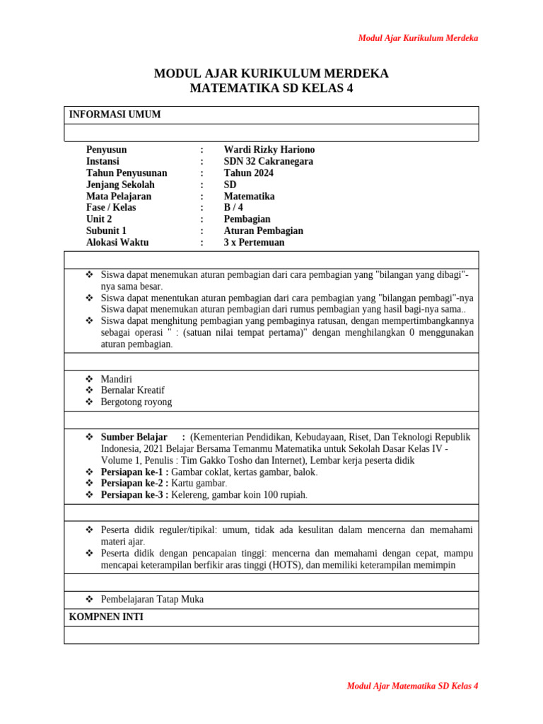Modul Ajar Matematika Kelas 4 SD | PDF