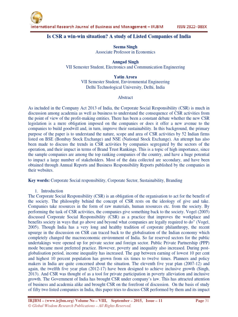 CSR Impact on Indian Listed Companies | PDF | Corporate Social ...