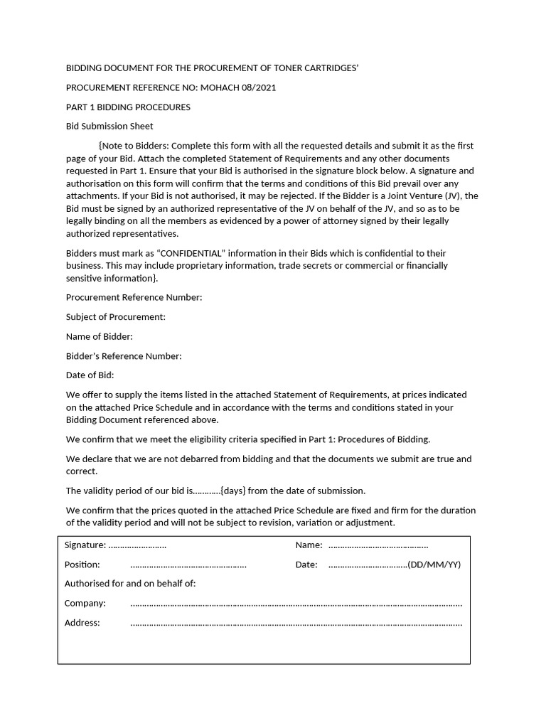 Toner Cartridges Procurement Bid Document | PDF
