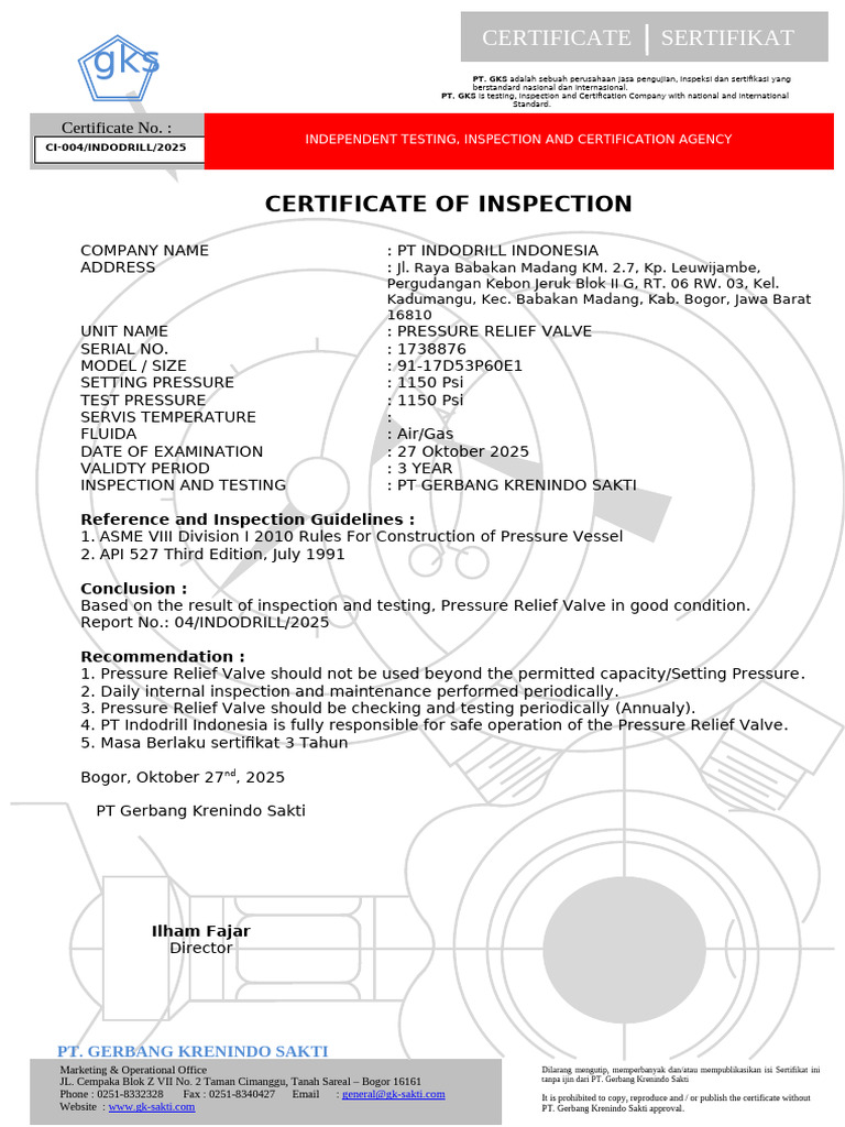 Pressure Relief Valve Inspection Certificate | PDF | Equipment | Fluid ...