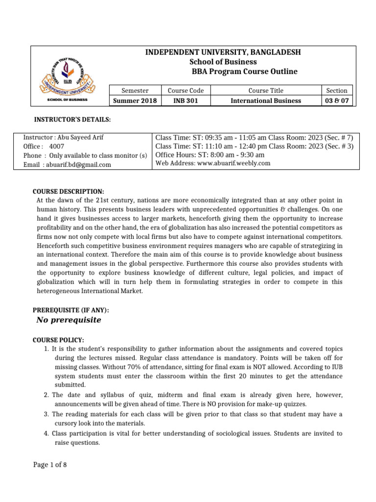 BBA International Business Course Outline | PDF | Learning | Academic ...