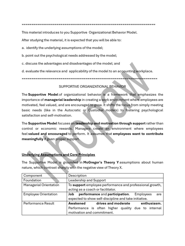 Supportive Model of Organizational Behavior | PDF | Organizational ...