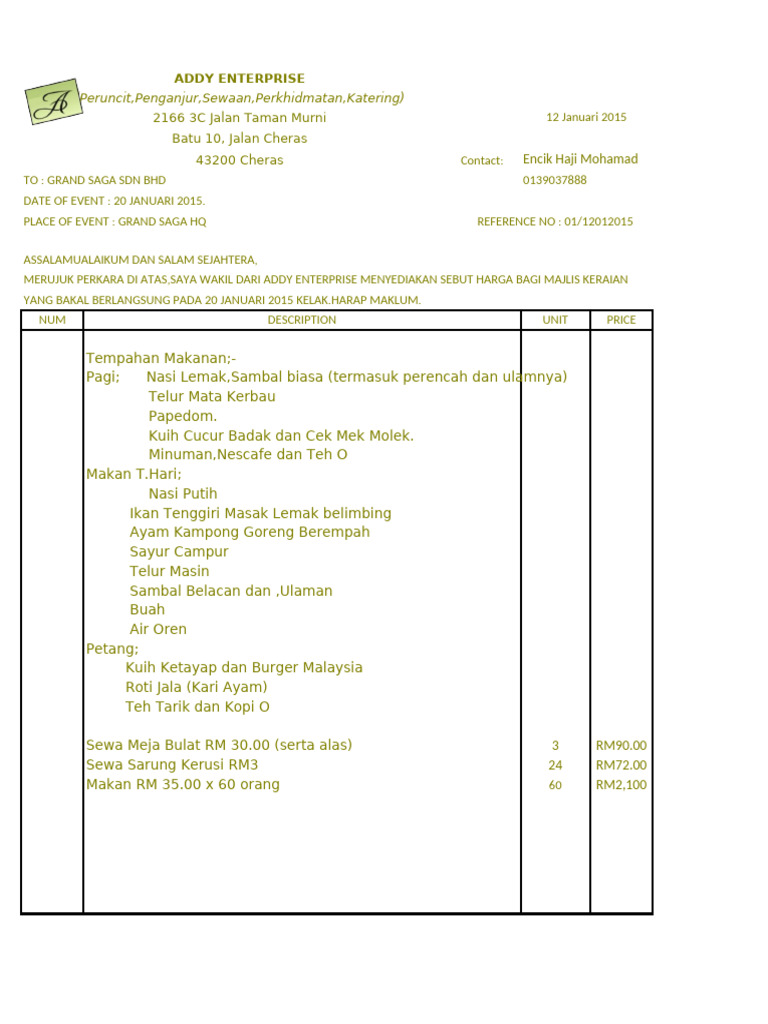 Sebut Harga Majlis Keraian Addy Enterprise | PDF